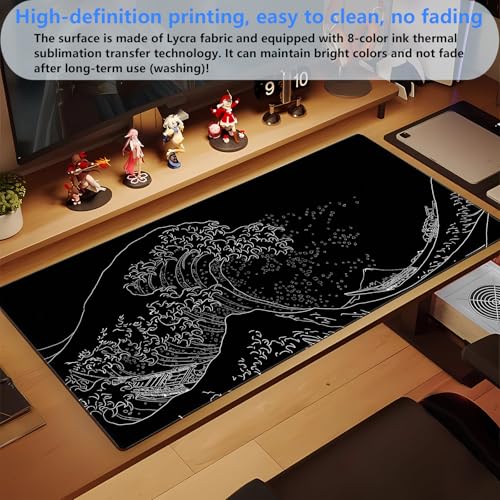 Great Wave Desk Mat, Black White Line Art Large Gaming Mouse Pad | Minimalist black and white wave desk pad with 3mm dense cushion, smooth cloth top, and non-slip rubber foundation. - color: Ukiyo-e of the Waves