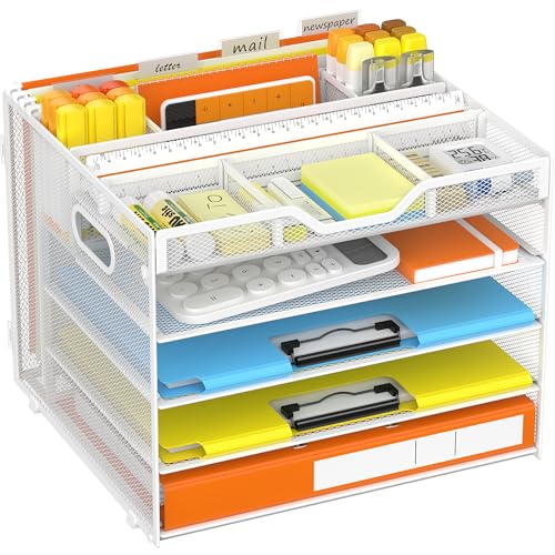 Docnest 5 Tier Letter Tray with Hanging File Organizer-Mesh Desk Organizer-Desktop Storage Box Built in Pen Holder and Handles, File Folder Holder for Mail Documents Office Supplies-White - color: 5 Tier Hanging File Organizer-White