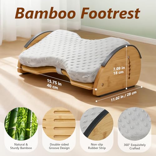 Foot Rest Under Desk, Under Desk Footrest, Foot Stool for Couch, Office Home, Gaming, 4-in-1 Bamboo Desk Foot Rest with 6 Adjustable Heights & Massage Cushion & Relieve Pressure on Legs, Waist & Back