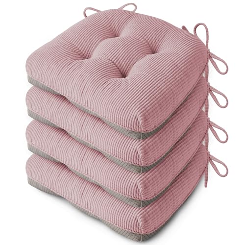 Indoor Kitchen Chair Cushions Set of 4 18"X16.5"X3" Soft Anti Slip Dining Chair Pads Tufted Kitchen Seat Cushion with Ties, Light Pink - color: Light Pink