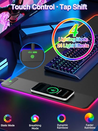 XXL RGB Gaming Mouse Pad with 15W Magnetic Wireless Charging, 31.5'' x 15.8'' Extra Large LED Mousepad, 24 Lighting Effects Desk Mat with Non-Slip Rubber Base, Waterproof Ultra-Smooth Surface - color: RGB-31.5"x15.8"