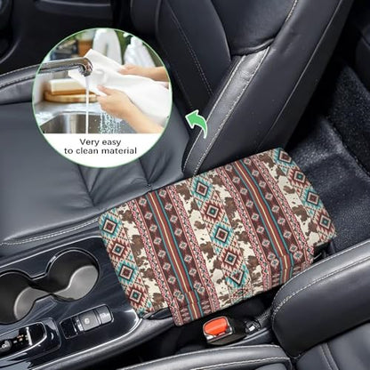 Wanyint Aztec Brown Cow Print Car Center Console Cushion Cover Comfortable Armrest Seat Box Lid with Organizer Pockets Anti-Scratch Arm Rest Covering Suitable for Most Cars SUVs Trucks - color: Aztec Brown Cow Print