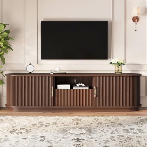 Walnut Rustic TV Stand with Sliding Wood Doors - 75" TV Media Console