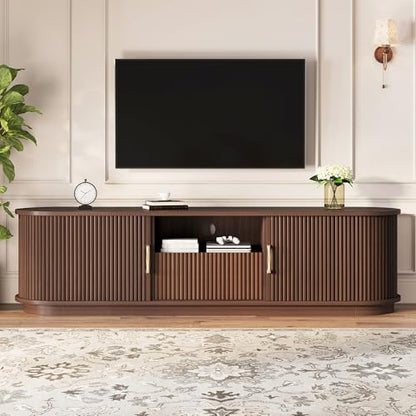 Walnut Rustic TV Stand with Sliding Wood Doors - 75" TV Media Console