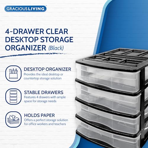 Gracious Living 4-Drawer Desktop and Countertop Storage Organizer Drawer Set, Plastic Office Desk Organizer, Black/Clear - size: 1 Pack
