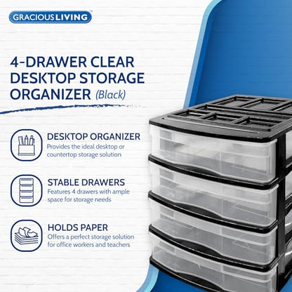 Gracious Living 4-Drawer Desktop and Countertop Storage Organizer Drawer Set, Plastic Office Desk Organizer, Black/Clear - size: 1 Pack