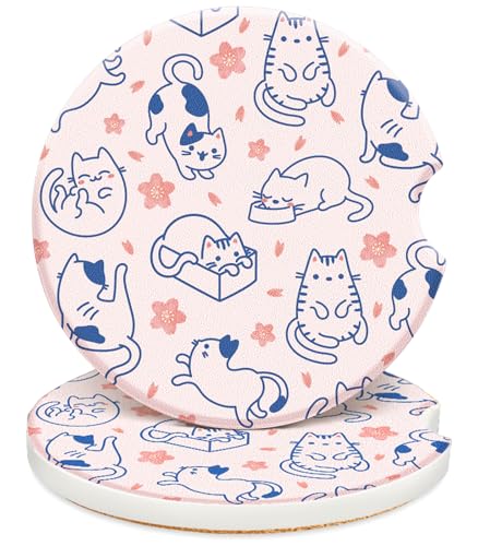 Swooflia Car Coasters for Women - Pink-Blue Cat Ceramic Car Cupholder Coaster Absorbent Mat Coaster with Cork Base 2 Pack 2.55 inch Automotive Cup Holder Accessories New Driver Gifts for Decor - color: Pink Blue Cat