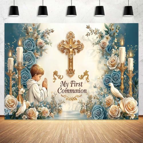 8X6FT God Bless Backdrop First Holy Communion Party Decoration God Bless Baptism Photo Booth Props Christening Banner for Newborn Baby Shower Party Decor Background - color: Blue, size: 8X6FT