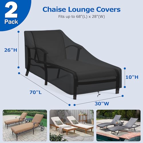 SunPatio Chaise Lounge Covers Outdoor Waterproof, 2 Pack Patio Lounge Chair Covers with Windproof Straps, Outdoor Patio Furniture Protector All Weather Protection, 70" L x 30" W x 26" H, Black - size: 70"L x 30"W x 26"H