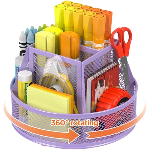 Docnest 360° Rotating Pen Holder,Heavy-Duty Metal Mesh Desk Organizer with 6 Compartments for Pencils,Scissors & Markers –Space Saving Office Supply for Teachers, Students & Home Desk-Purple - color: Purple