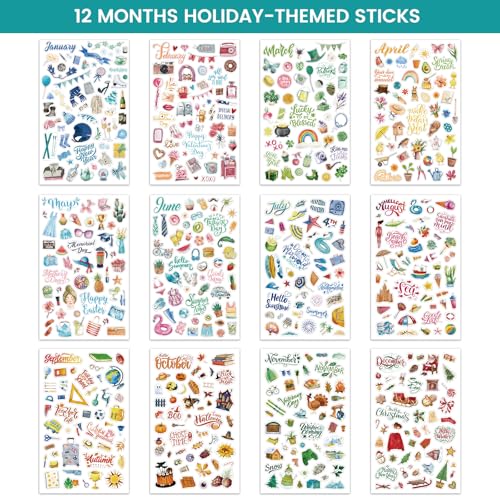 Planner Stickers - Calendar Stickers for Celebration and Decoration, 12 Monthly Festival Theme Sticker for Adults Planner, for Festival Events, Daily Tasks(14 Sheets, 1500+ Sticker Per Pack)