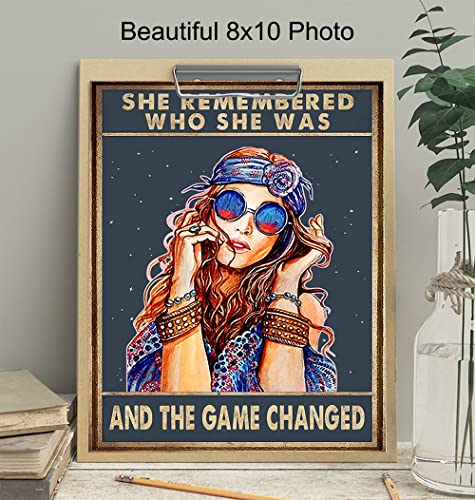 She Remembered Who She Was And The Game Changed - Hippie Boho Motivational Poster - Bohemian Inspirational Positive Quotes Wall Art Decor - Encouragement Gifts for Women - Girls Teens Bedroom Decor