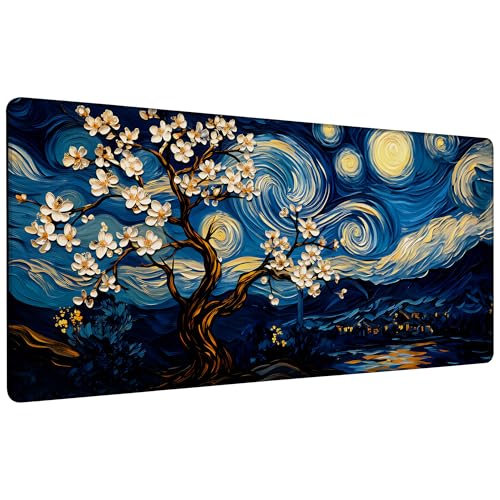 Starry Night Over A Blossom Tree Gaming Mouse Pad Large Desk Mat Extended Keyboard Anime Mousepad with Non-Slip Base and Stitched Edge for Desk Home Office Gaming,35.4 x 15.7 Inch - color: Starry Night over A Blossom Tree, size: 15.7*35.4inch