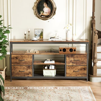 Huuger TV Stand Dresser with Power Outlets and LED Lights, 4 Drawers Entertainment Center with Shelves, 54 Inch Media Console for 55 60 Inch TV, 4 AC Outlets, 2 USBs, Rustic Brown - color: Rustic Brown, size: 54 Inches