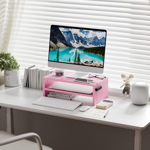 Marbrasse Monitor Stand Riser, 16.5 Inch 2 Tier Computer Printer Shelf Stand for Laptop Computer Screen Storage, Desktop Stand with Phone Holder and Cable Management (Pink) - color: Pink