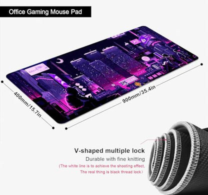 Purple Japanese Anime Large Gaming Mouse Pad for Desk, Retro Vaporwave Mousepad, Tokyo Street Pixel Art Desk Pads, Computer Mouse Pad XL Big, Skyline City Desk Mat, 35.4 x 15.7 in - color: Purple Neon Street