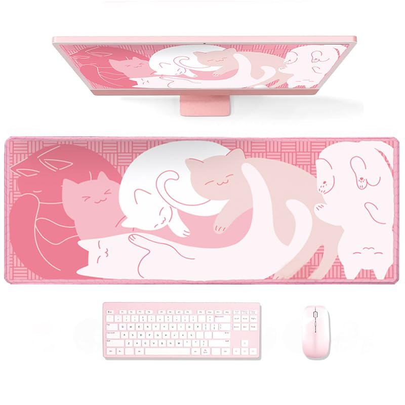 Gaming Mouse Pad XL Extended Anime Mouse Pad 31.5x11.8 inch, Large Cute Kawaii Big Computer Mouse Mat Desk Pad with Non-Slip Rubber Base and Stitched Edge for Home Office-Pink Cat - color: Pink Cat, size: 31.5L x 11.8W inches