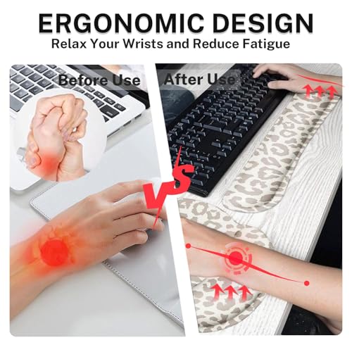 Arttown Leopard Light Khaki Desk Mat Animal Skin Mouse Pad Set 4 in 1 Ergonomic Design Large Desk Pad + Keyboard Wrist Rest + Mouse Wrist Rest + Coaster Suitable for Home Office Study Game - color: Light Khaki Leopard