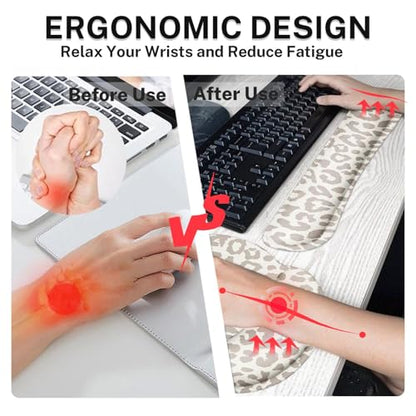 Arttown Leopard Light Khaki Desk Mat Animal Skin Mouse Pad Set 4 in 1 Ergonomic Design Large Desk Pad + Keyboard Wrist Rest + Mouse Wrist Rest + Coaster Suitable for Home Office Study Game - color: Light Khaki Leopard