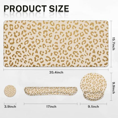 Arttown Leopard Desk Mat Gold Leopard Mouse Pad Set 4 in 1 Ergonomic Design Large Mouse Pad + Keyboard Wrist Rest + Mouse Wrist Rest + Coaster Suitable for Home Office Study Game - color: Gold Leopard
