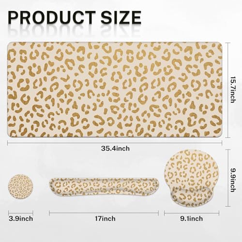 Arttown Leopard Desk Mat Gold Leopard Mouse Pad Set 4 in 1 Ergonomic Design Large Mouse Pad + Keyboard Wrist Rest + Mouse Wrist Rest + Coaster Suitable for Home Office Study Game - color: Gold Leopard