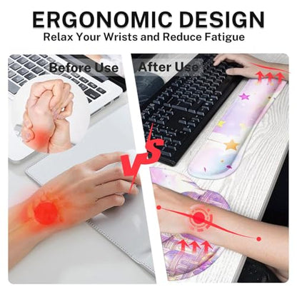 Arttown Pink Castle Desk Mat Star Ribbons Mouse Pad Set 4 in 1 Ergonomic Design Large Mouse Pad + Keyboard Wrist Rest + Mouse Wrist Rest + Coaster Suitable for Home Office Study Game - color: Pink Castle
