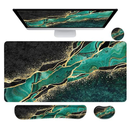 LATEEFAH Desk Mat, Mouse Pad with Wrist Rest, 4-in-1 Large Mouse Pads for Desk, Ergonomic Mouse Pad and Keyboard Wrist Rest Gaming Keyboard Mat for Office, Home - color: 4Pcs-Gold Green Marble