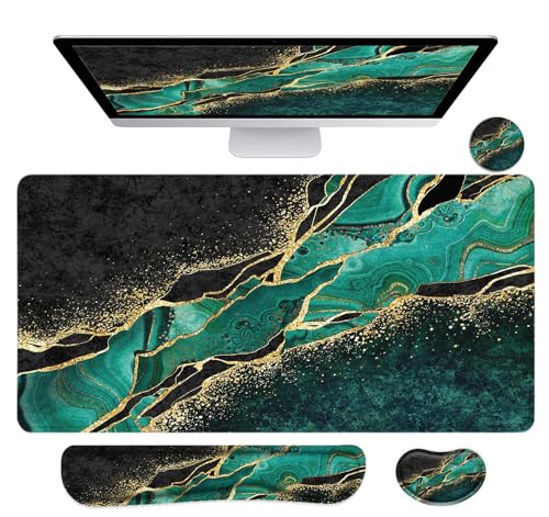 LATEEFAH Desk Mat, Mouse Pad with Wrist Rest, 4-in-1 Large Mouse Pads for Desk, Ergonomic Mouse Pad and Keyboard Wrist Rest Gaming Keyboard Mat for Office, Home - color: 4Pcs-Gold Green Marble