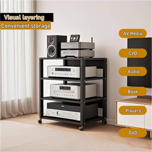4 Tier Audio Rack Tower, CD Record Player Stereo Receiver AV Equipment Cabinet Display Rack, Weight Capacity 661 lbs, with Adjustable Wooden Shelves for Home (4 Tier Black) - size: 4 Tier Black