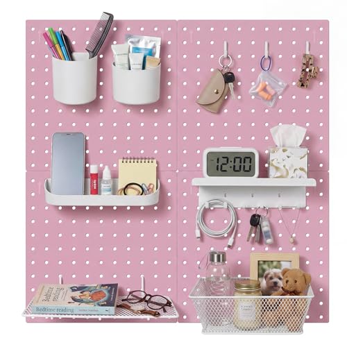Pegboard Wall Organizer, 4 x11” x 11” ABS Peg Board Wall Organizer with Hooks, Shelves & Baskets, Drill or Adhesive Mount, 110 lbs Heavy Duty Wall Storage for Kitchen, Garage, Bathroom, Office (Pink) - color: Pink