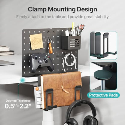 PEGZONE Clamp on Desk Pegboard Shelf, with 2-Slot Under Desk Laptop Holder | with Headphone Holder and Pegboard Accessories, Desk Side Storage for Office Gaming, Desk Organizer, Black