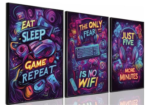 Yolbcdr Gaming Room Wall Decor Neon Video Game Quote Canvas Art Set of 3 Game Room Decor Funny Gamer Poster Playroom Artwork Picture Print for Boy Teen kids Bedroom 12x16in Unframed - color: Colorful, size: 12"x16" Poster