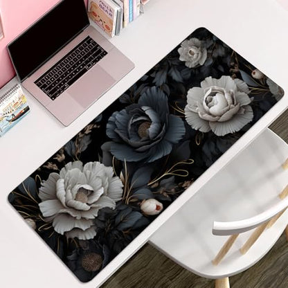 Black and White Mouse Pad,Floral Mouse Pad Desk Mat,Large Mousepad Aesthetic Mouse Pads Desk pad - Non-Slip Stitched Edges & Rubber Base for Office, Gaming Room, Computer, Laptop - color: black and white&floral