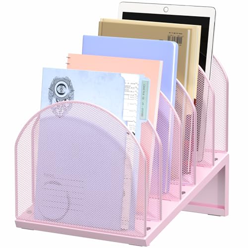 5-Section Desk File Organizer, Metal Mesh Folder Organizer for Documents, Mail & Office Papers (Pink) - color: Pink