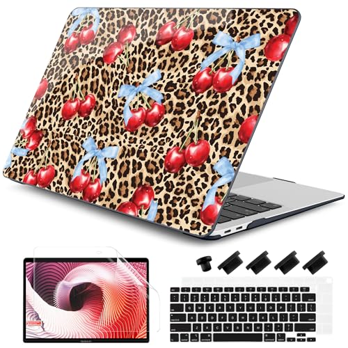 DONGKE for MacBook Air 13 Inch Case 2021-2018, Compatible with A2337 M1 A2179 A1932 Support Retina Display & Touch ID, Hard Shell Plastic Cover with Keyboard Skin - Cherry & Leopard - color: Cherry & Leopard