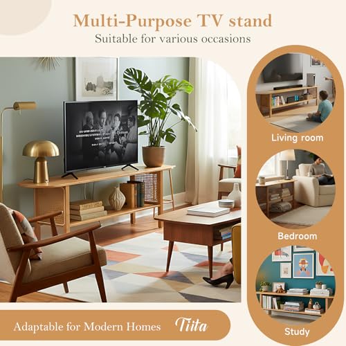 Tiita TV Stand with Storage for TVs up to 65'', Bamboo TV Console Entertainment Center with 2 Open Shelf, Mid Century Modern Media Console for Living Room, Bedroom, Wood - color: Classic Wood
