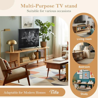 Tiita TV Stand with Storage for TVs up to 65'', Bamboo TV Console Entertainment Center with 2 Open Shelf, Mid Century Modern Media Console for Living Room, Bedroom, Wood - color: Classic Wood