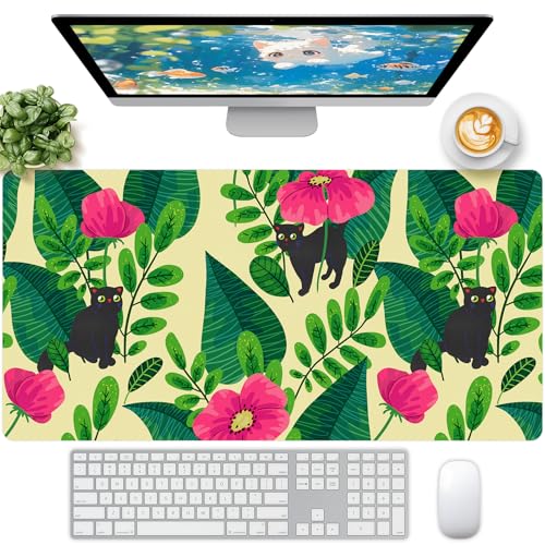 Leather Desk Pad, Desk Matt for Desktop, Pink Desk Mat, Women Girls Waterproof Large Keyboard Pad, Cute Computer Mat for Office Work/Home/Decor/Desktop Accessories (31.5"x15.7") - color: Flower and Cat, size: 31.5" x 15.7"