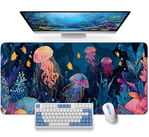 Large Mouse Pad for Desktop, Cute Desk Mat Pad Protector for Work & Gaming, Aesthetic Pretty Anti-Slip Laptop Blotter Cover for Office School Home Supplies, Jellyfish, 31.5" x 11.8" - color: N-Jellyfish, size: 31.5L x 11.8W inches
