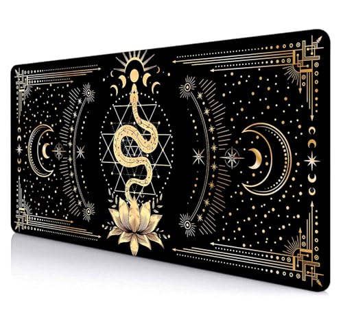 Black & Gold Large Mouse Pad, Boho Snake Witch Desk Mat for Desktop, Women Gaming Full Desk Mousepad, Moon Phases Computer Laptop Protector Writing Pad for School Office Home 35.4x15.7 in - color: Black & Gold Snake
