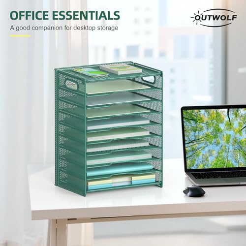 OUTWOLF 10 Tier Paper Organizer - Letter Tray Mesh Desk File Organizer with Handles for Office School Desktop, Green - color: Green