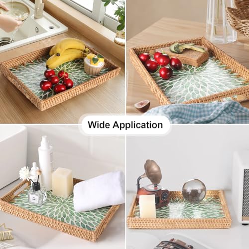 Rectangle Rattan Tray with Mother of Pearl Inlay, Rattan Serving Tray with Handle for Coffee, Bread, Fruits, Snacks, Decorative Wicker Tray for Table Decor (Rectangle Green Leaf, 13"×9") - color: Green Leaf