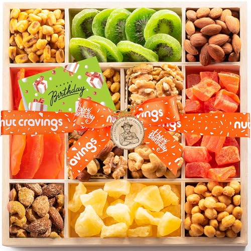 NUT CRAVINGS Gourmet Collection - Happy Birthday Treats, Dried Fruit & Mixed Nuts Gift Basket with Bday Ribbon in Reusable Wooden Tray (12 Assortments) Food Arrangement, Healthy Snack Food Assortments - style: 6. Happy Birthday Dried Fruits & Nuts Wooden