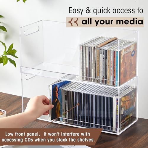 CroBlissful 2 Pcs Acrylic Cd Storage Box, Clear Acrylic Stackable Cd Holder Racks with Cutout Carrying Handles, Organizer Shelf for Media, Movie Cases, Dvds Organizer