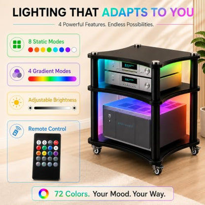 3-Tier AV Media Stand with LED Lights, Heavy Duty Mobile Stereo Cabinet Stand with Wheels, Wooden Stereo Rack, Audio Rack Furniture Perfect for DVD Player/Game Console (with Lights, 3 Tier) - color: With Lights, size: 3 Tier