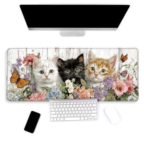 Large Mouse Pad, Big Gaming Mousepad, Desk Mat for Desktop, Thick Non-Slip Waterproof Rubber Base, Mouse Pads for Office, Computer, Keyboard, Laptop 31.5x11.8 in, Kittens Cat Floral - color: Kittens Cat Floral, size: 31.5" x 11.8"