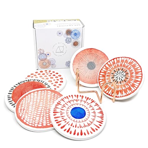 AD Set of 6 Coasters for Drinks Absorbing Round Ceramic Stone Coaster with Cork Base Tabletop Protection Mat for Mugs and Cups,Office,Kitchen (Rose Gold Holder) - color: Rose Gold Holder
