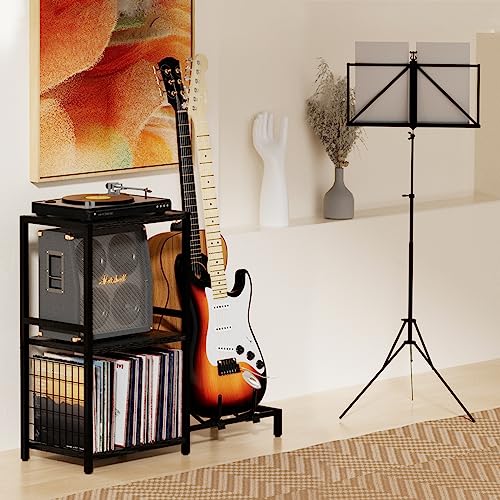 YAKANJ End Table with Guitar Stand,Record Player Stand,Vinyl Records Storage,2-Tier Guitar Stand for Acoustic, Electric Guitar,Bass,Turntable Stand Side Table for Music Room Studio Living Room-Black - color: Black
