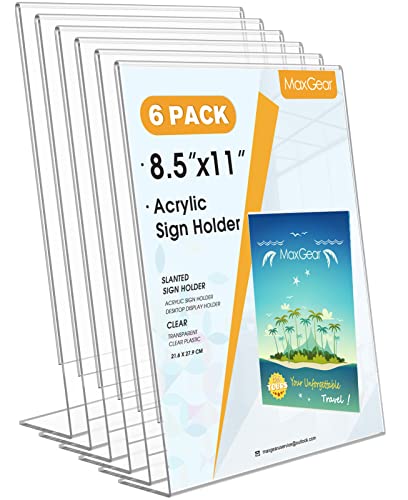 MaxGear Acrylic Sign Holder, 8.5 x 11 L-Shape Plastic Display Stand, 6 Pack | Clear Acrylic Material, L-Shape Design for Menus, Flyers and Signs, Easy Paper Insertion, Use In Office, Home, Store