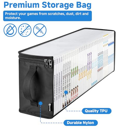 Game Disc Storage Bag Compatible with Wii PS2 Xbox 360 Games | Portable Carrying Case Holds 37 Discs Boxes, Clear TPU Organizer Bag, Compatible with Wii U Gamecube Standard DVD Case, Black